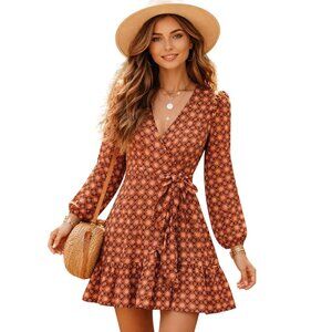 Draper James Mini Wrap Dress Ruffles Geo Floral Rust Purple Size S Boho Chic